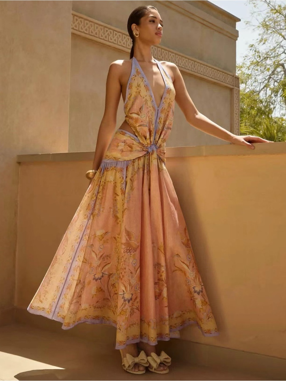 Zimmermann Indra Plunge printed metallic cotton&silk-blend Maxi Dress Size0